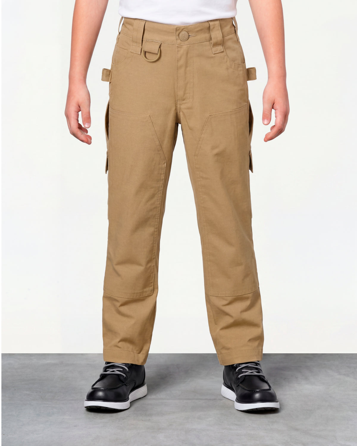 Kids' Double Front Ripstop Cargo Pants e.s.e:pic in almond brown worn by a model, front view