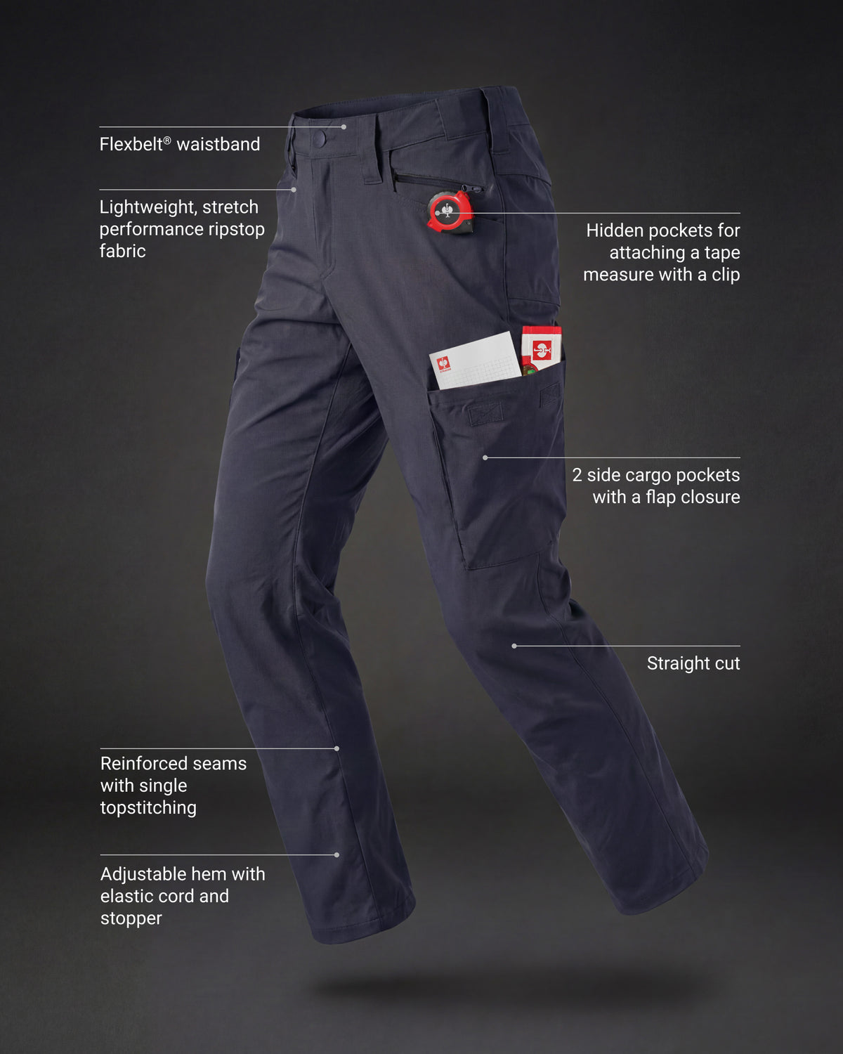 Feature view of Stretch Ripstop Cargo Work Pants e.s.taktik in nero blue, showing cargo pocket details