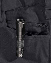Additional close-up detail of Engelbert Strauss e.s. taktik stretch ripstop cargo work shorts in black, showing fabric texture, stitching, and functional finishing details.