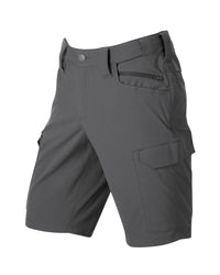 Engelbert Strauss e.s. taktik stretch ripstop cargo work shorts in carbon gray, shown as a clean front product image highlighting the above-knee workwear cut, waistband, and functional pocket placement.