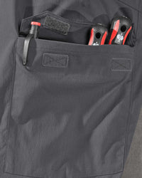 Additional close-up detail of Engelbert Strauss e.s. taktik stretch ripstop cargo work shorts in carbon gray, showing fabric texture, stitching, and functional finishing details.