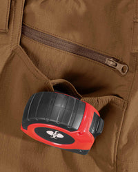 Additional close-up detail of Engelbert Strauss e.s. taktik stretch ripstop cargo work shorts in desert brown, showing fabric texture, stitching, and functional finishing details.