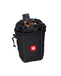 A worker wears a black STRAUSS nail bag on a belt with work pants while handling fasteners.