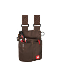 Medium chestnut STRAUSS e.s.motion 2020 tool bag holding pliers, a screwdriver, and a wrench.