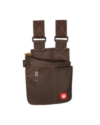 Large chestnut STRAUSS e.s.motion 2020 tool bag with two belt straps and divided front pockets.