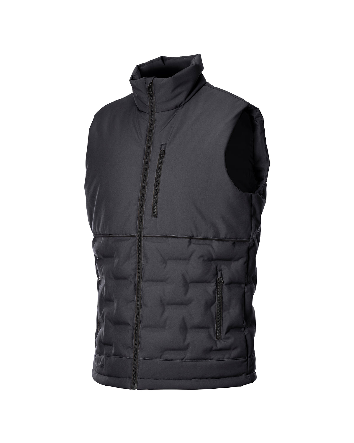 A dark gray sleeveless puffer vest with a high collar, front zipper, and quilted pattern, shown on a plain white background.