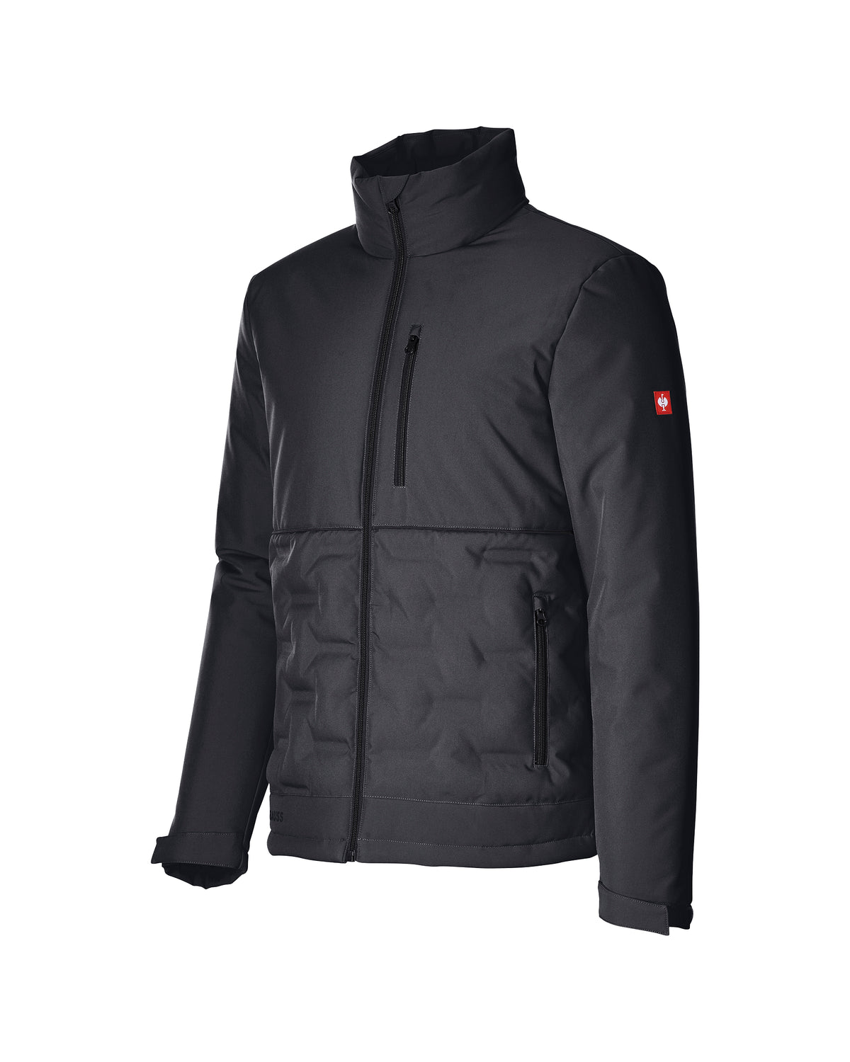 A dark gray men's insulated jacket with a stand-up collar, full zip front, and a small red Swiss flag logo on the left sleeve, shown on a plain white background.