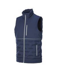 A navy blue sleeveless puffer vest with a high collar, featuring a full-length front zipper, a zippered chest pocket, and a zippered hand pocket, shown against a plain white background.