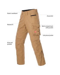 Tan cargo pants shown on a white background with callout labels pointing to features such as the elastic waistband, zip pocket, relaxed fit, multi-compartment utility pocket, cell phone pocket, and knee pad pockets.