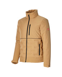 A tan insulated jacket with black zippers and a small red Swiss flag logo on the upper left sleeve, shown on a plain white background.