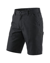 A pair of black cargo shorts with a button closure, belt loops, and side cargo pockets, shown on a plain white background.
