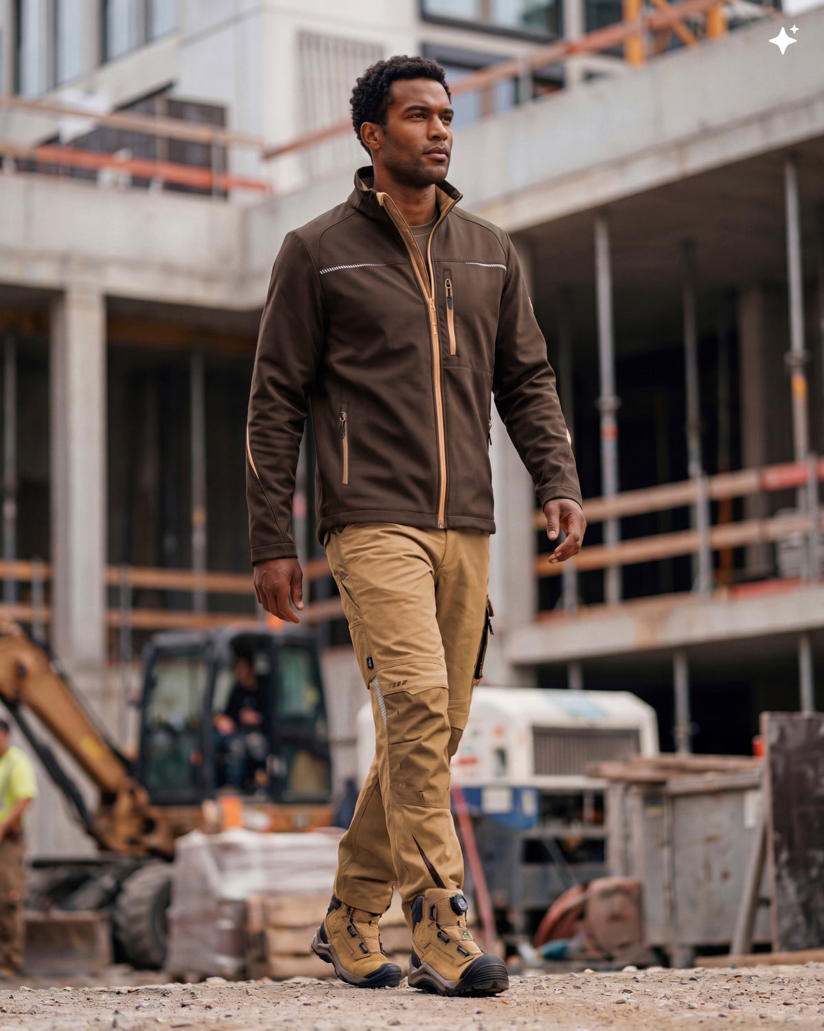 A man walking on a construction site wearing a brown zip-up work jacket, tan work pants, and tan work boots.