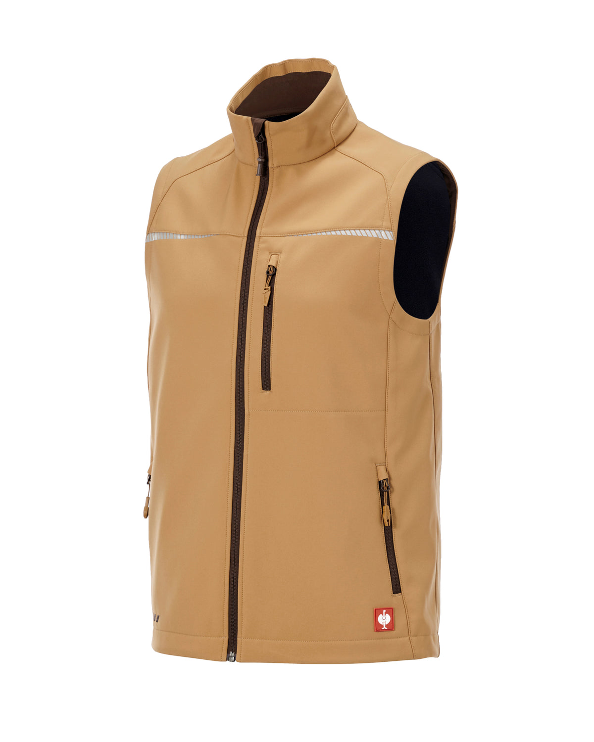 A tan sleeveless zip-front vest with a high collar, black inner lining on the sleeve and front pocket, and a small red logo patch near the lower hem, shown on a plain white background.