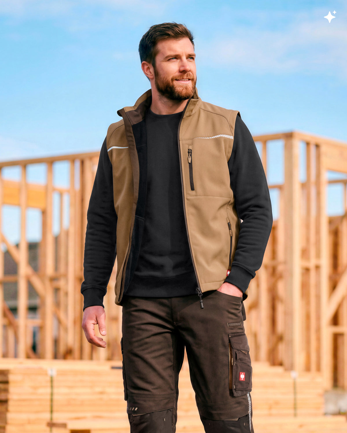 A man wearing a tan and black insulated work vest over a black long-sleeve shirt and brown cargo pants, standing outdoors in front of wooden framing under a blue sky.