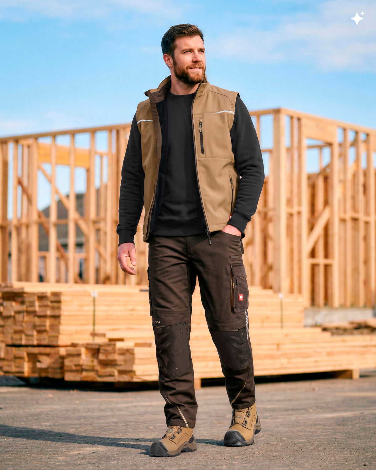 A man wearing a tan work vest over a black long-sleeve shirt and dark brown work pants stands on a construction site with wooden framing in the background.