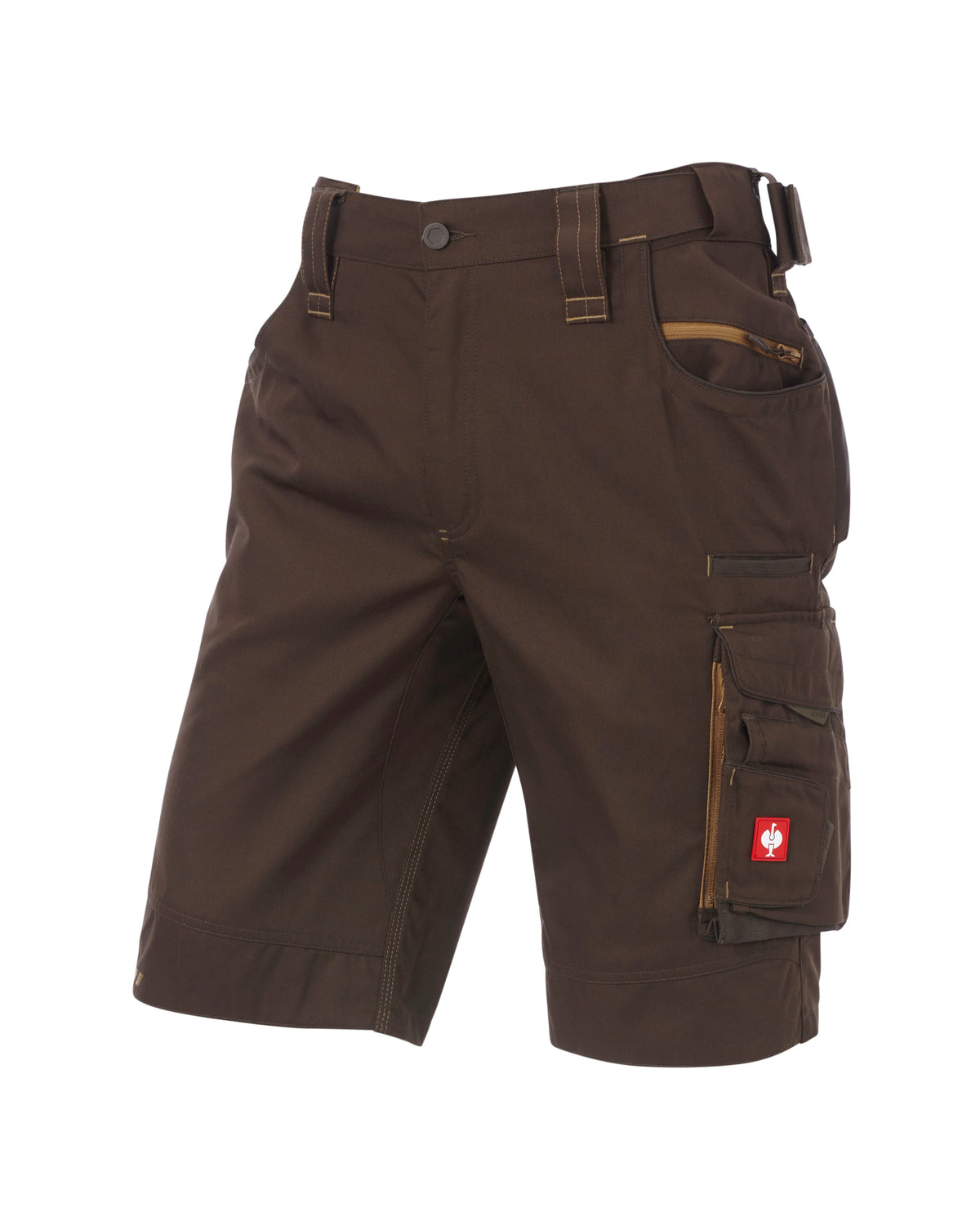 Dark brown cargo shorts with multiple utility pockets, belt loops, and a small red logo patch on the side pocket, shown against a plain white background.