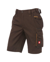 Dark brown cargo shorts with multiple utility pockets, belt loops, and a small red logo patch on the side pocket, shown against a plain white background.