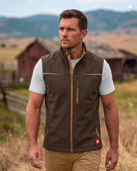 A man wearing a brown insulated zip-front vest over a beige t-shirt and khaki pants, standing outdoors in a rural setting with a red barn and mountains in the background.
