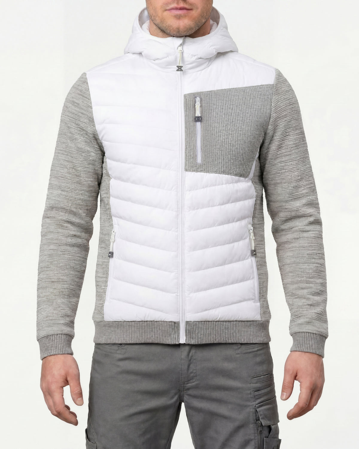 STRAUSS e.s.motion ten hybrid hooded jacket in white melange worn, front view