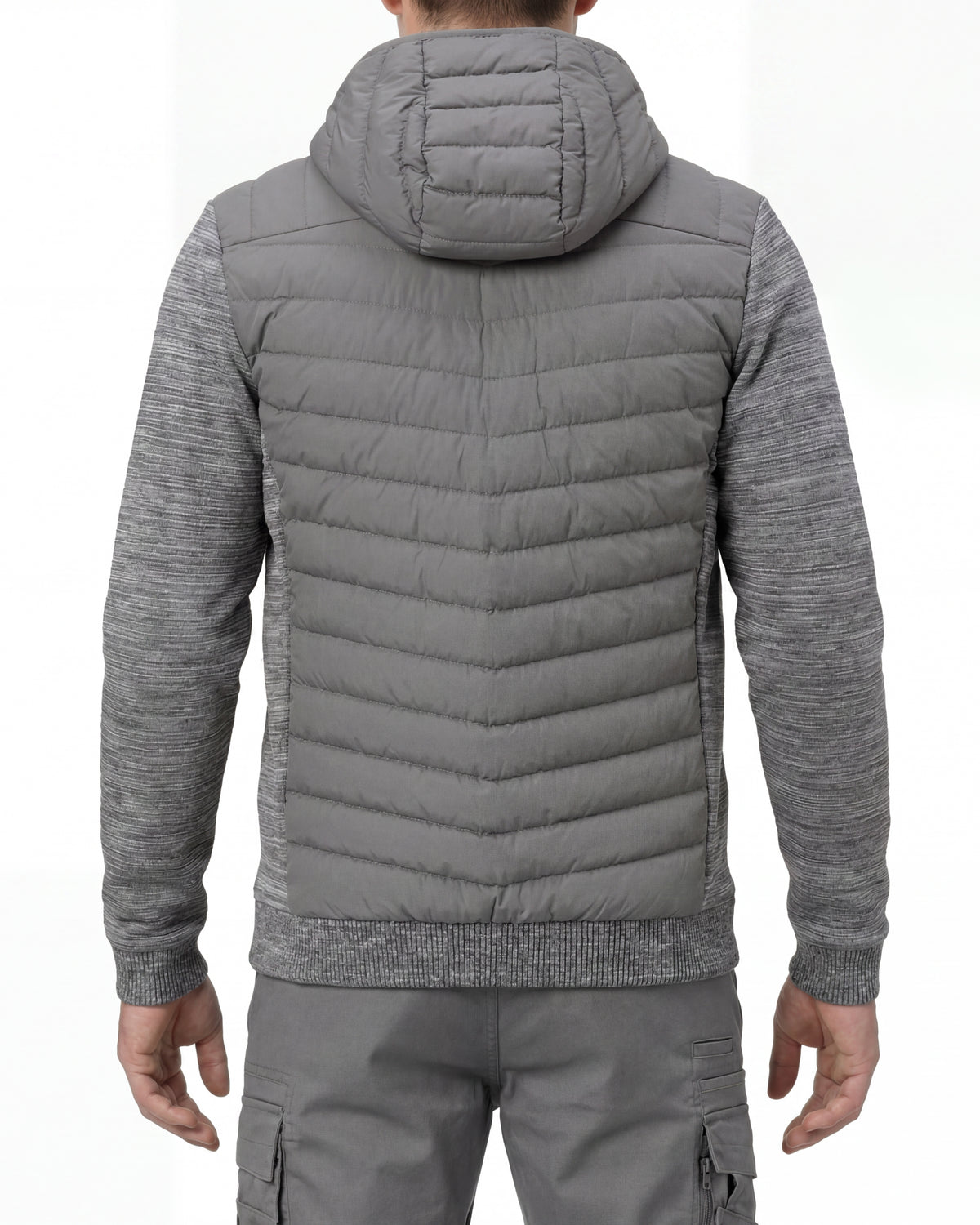 STRAUSS e.s.motion ten hybrid hooded jacket in gray melange worn, back view