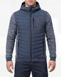 STRAUSS e.s.motion ten hybrid hooded jacket in slate blue melange worn, front view