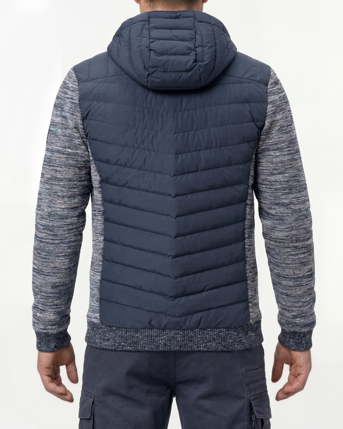 STRAUSS e.s.motion ten hybrid hooded jacket in slate blue melange worn, back view