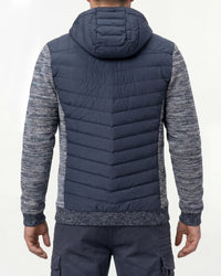 STRAUSS e.s.motion ten hybrid hooded jacket in slate blue melange worn, back view