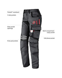 Feature view of Women's Cargo Work Pants e.s.motion ten in oxid black, showing cargo pocket details
