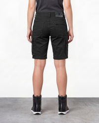 Alternate model view of Engelbert Strauss women's e.s. motion ten shorts in oxid black, showing the side and back fit with visible utility pocket placement and workwear construction.