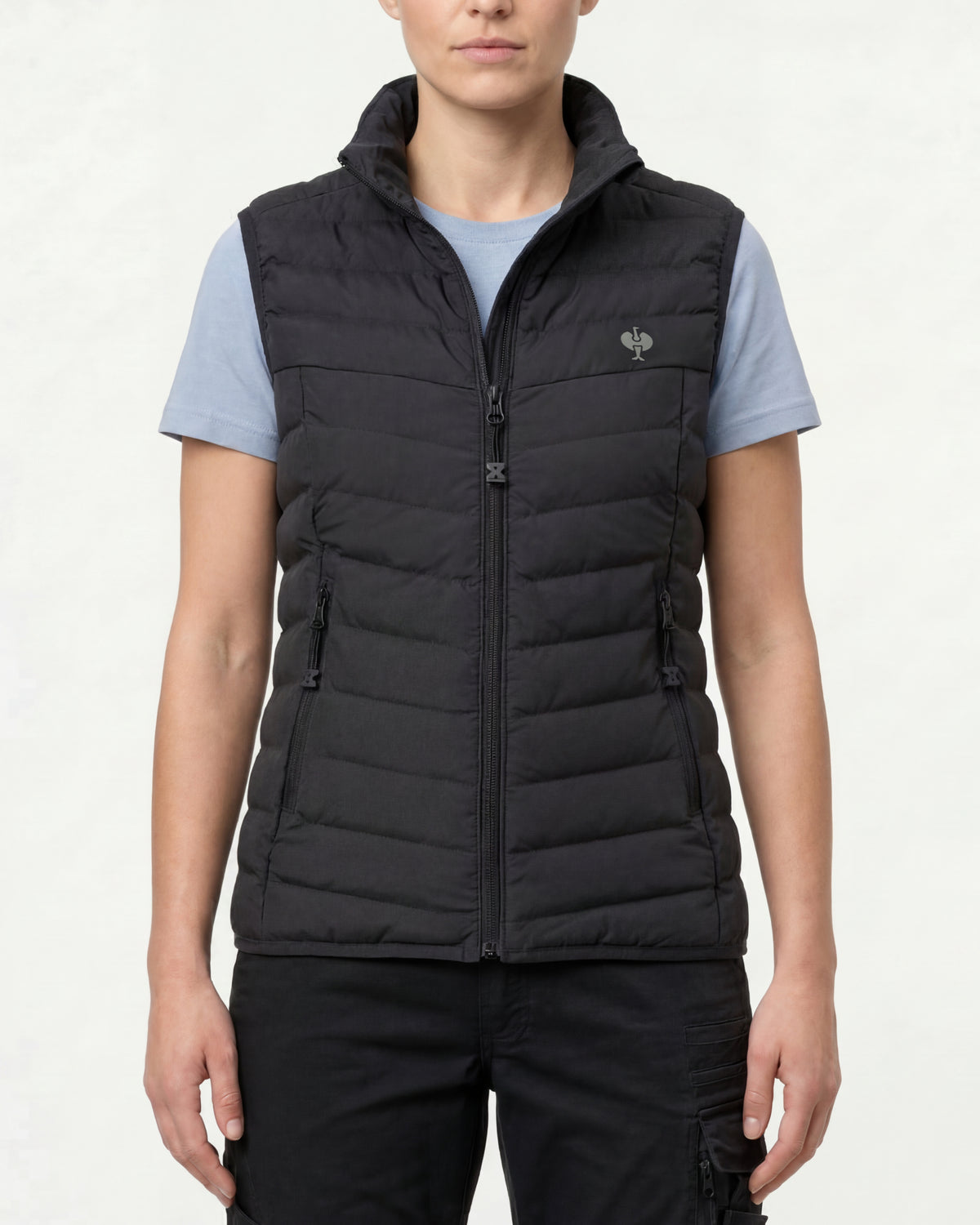 STRAUSS women's e.s.motion ten vest in oxid black worn, front view