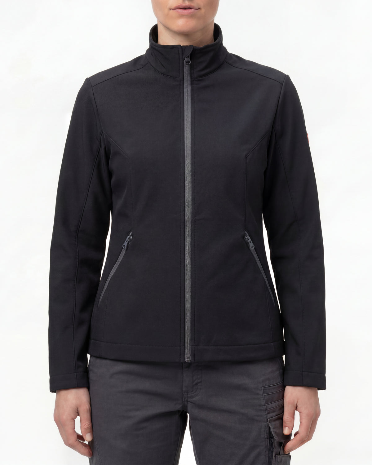 STRAUSS women's e.s.trail pure softshell jacket in black worn, front view