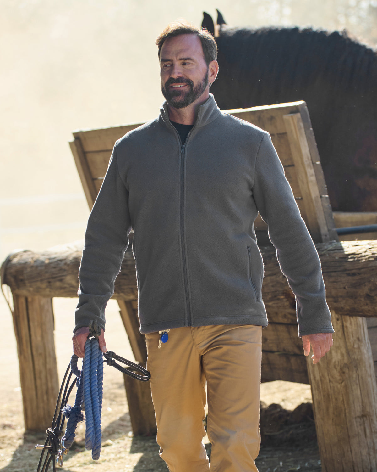 STRAUSS full-zip fleece jacket in carbon gray paired with workwear