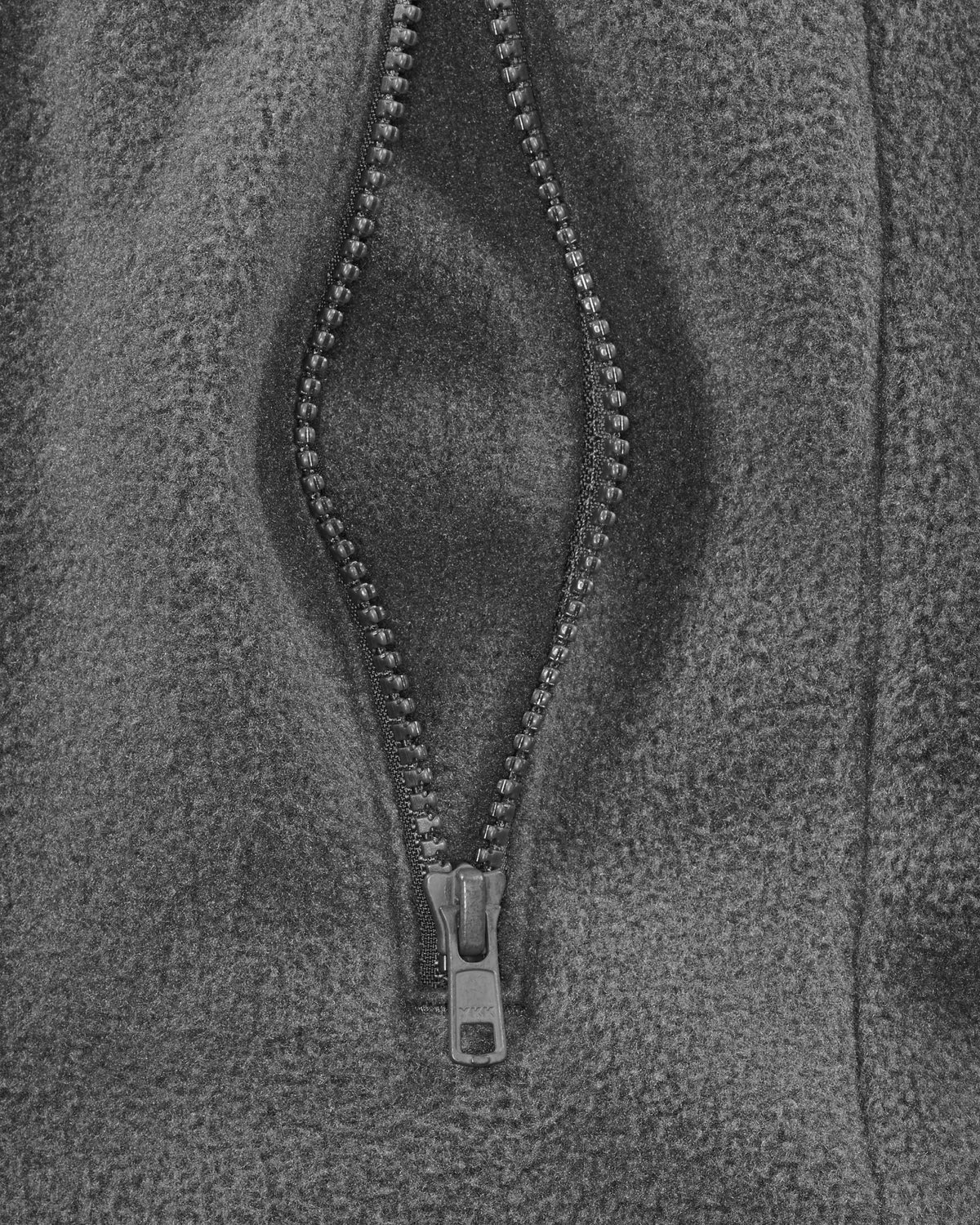 Close-up of pocket and collar details on STRAUSS full-zip fleece jacket in carbon gray