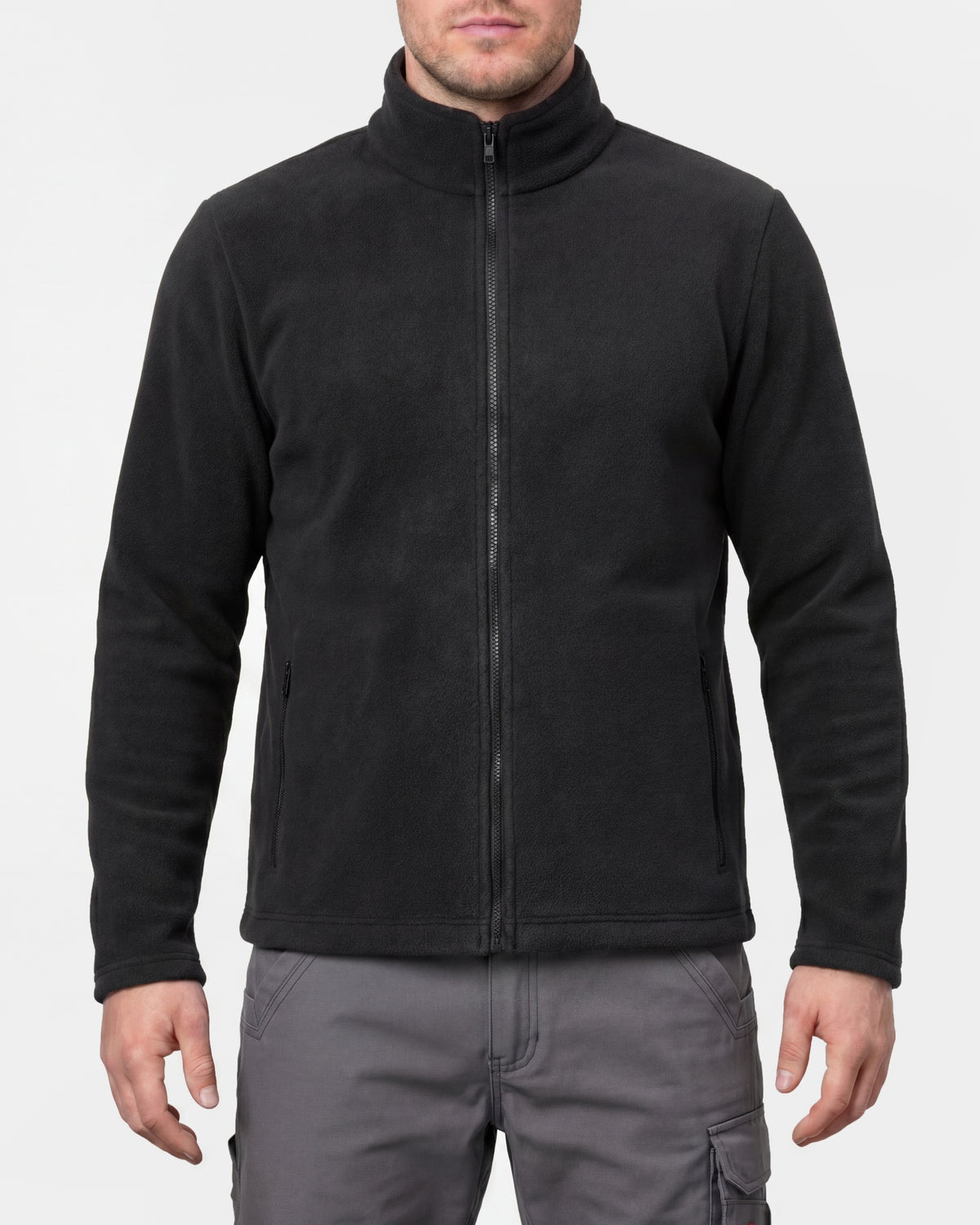STRAUSS full-zip fleece jacket in black worn, front view