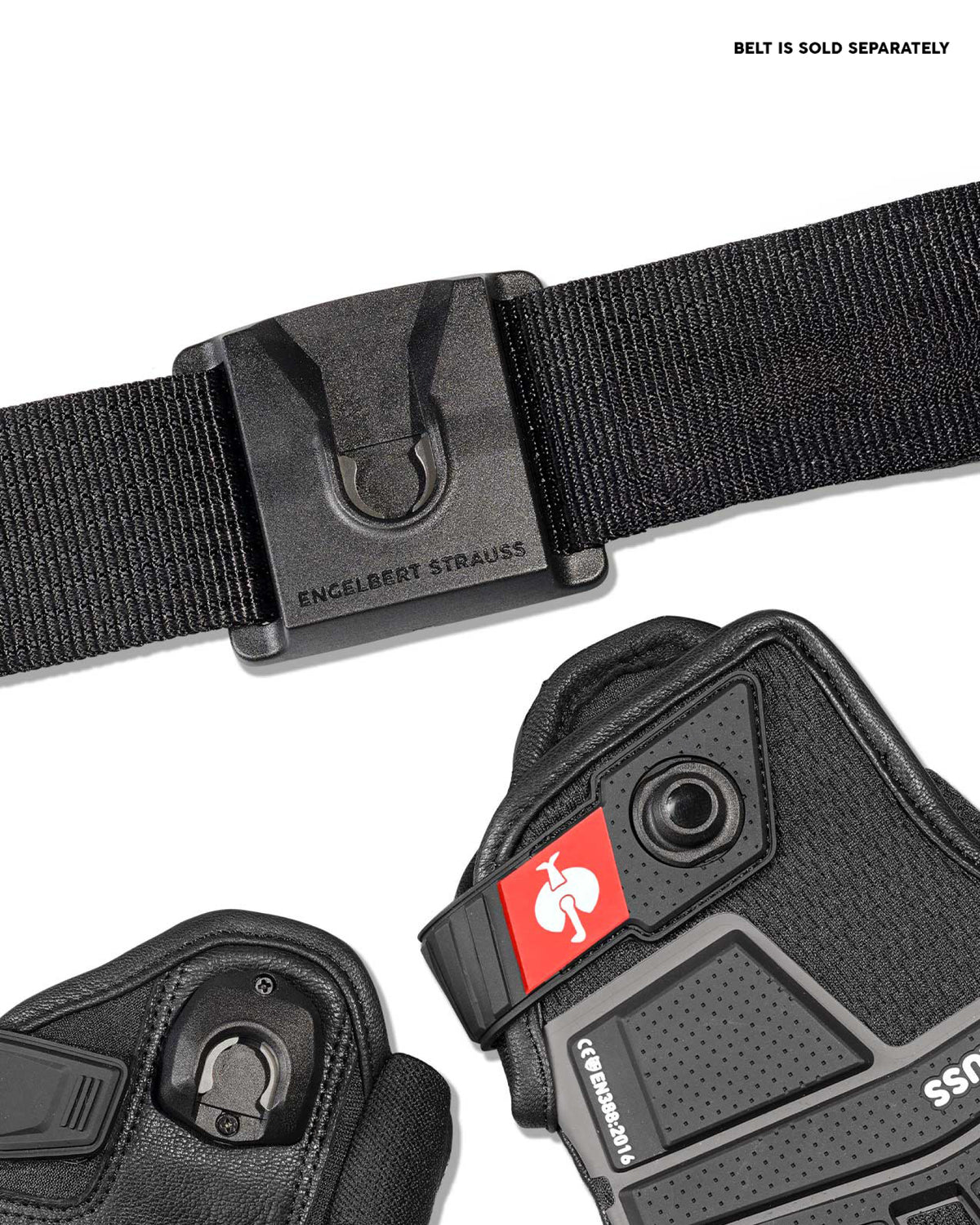 Close-up of the palm grip, fingers, and cuff on the black STRAUSS assembly protection gloves.