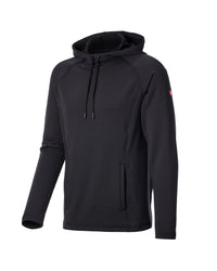 A black long-sleeve hooded athletic pullover with a textured knit fabric, drawstring hood, and a small red logo on the left sleeve, shown on a plain white background.