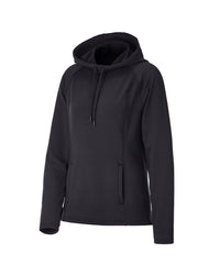 A black textured hooded sweatshirt with drawstrings and a vertical zippered pocket, shown on a plain white background.