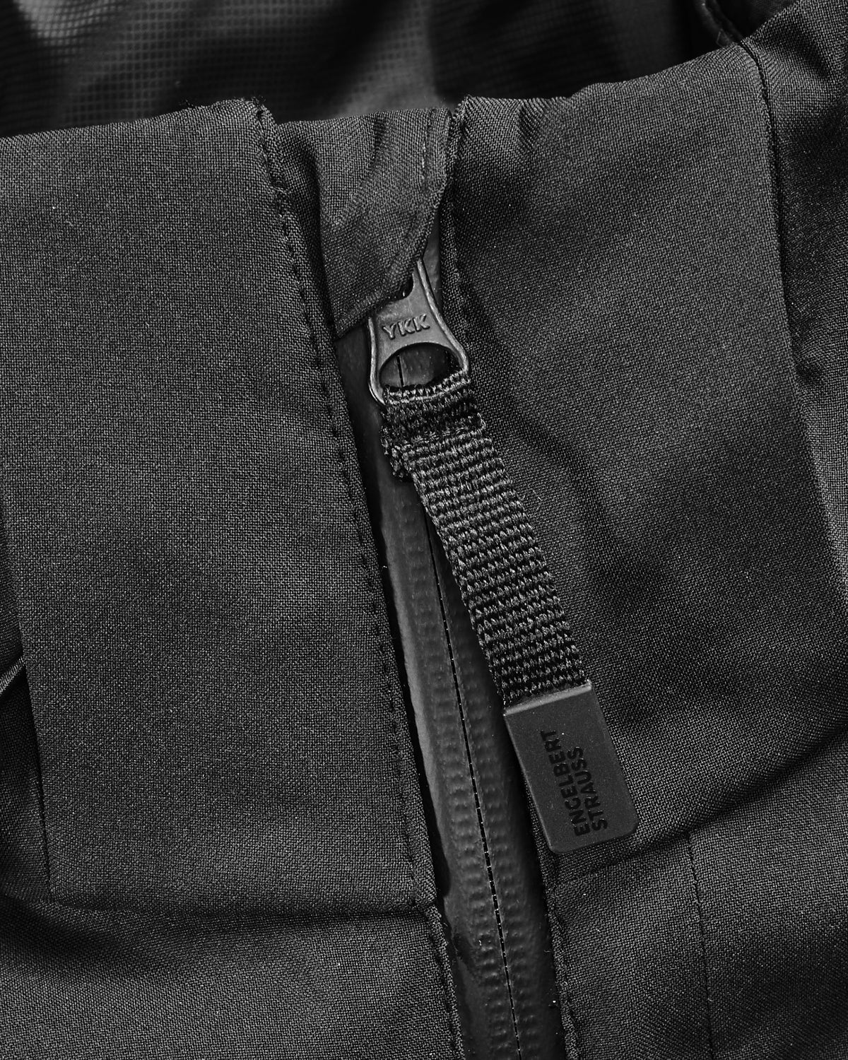 Close-up of zipper and pocket details on STRAUSS e.s.trail pure 3-in-1 functional snow jacket in black
