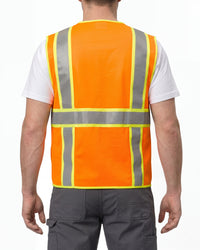 STRAUSS high visibility vest in neon orange worn, back view