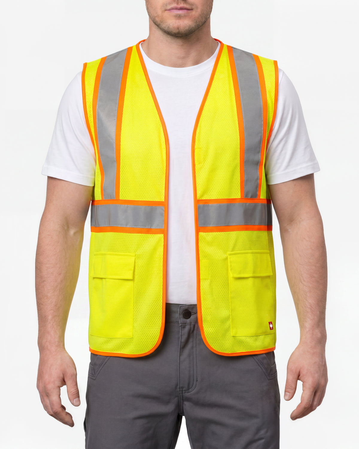 STRAUSS high visibility vest in neon yellow worn, front view