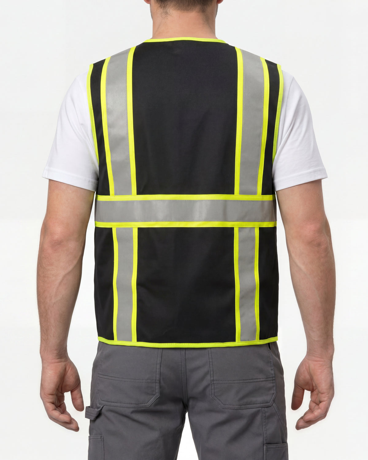 STRAUSS enhanced visibility vest in black worn, back view