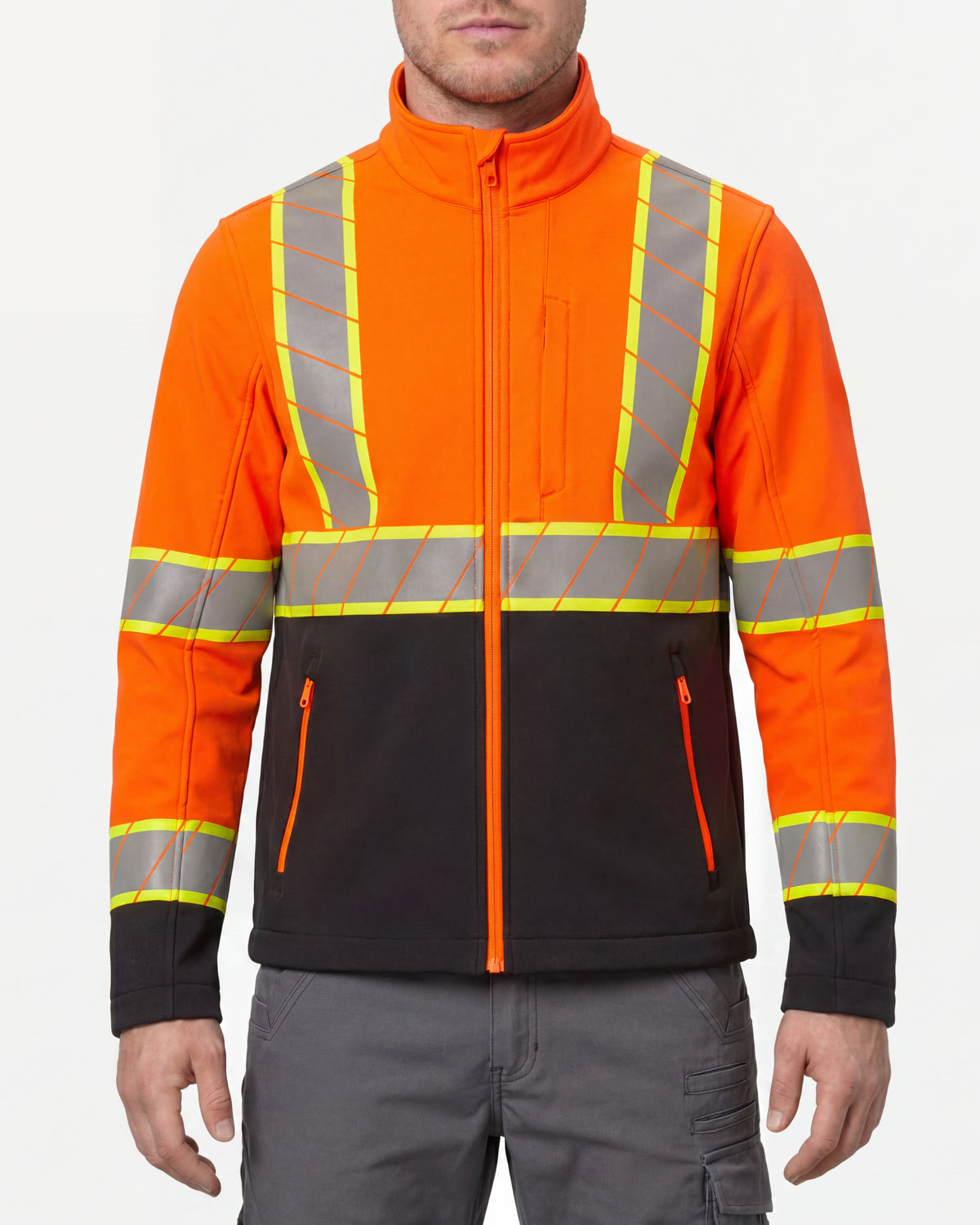 STRAUSS Class 2 high visibility softshell jacket in neon orange and black worn, front view