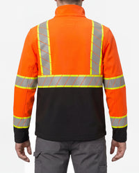 STRAUSS Class 2 high visibility softshell jacket in neon orange and black worn, back view