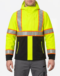 STRAUSS Class 2 high visibility waterproof jacket in neon yellow and black worn, front view