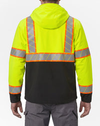STRAUSS Class 2 high visibility waterproof jacket in neon yellow and black worn, back view