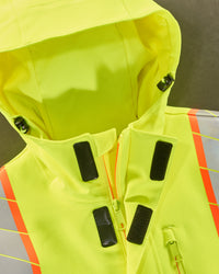 Close-up: reflective striping and shell details on STRAUSS Class 2 high visibility waterproof jacket in neon yellow and black