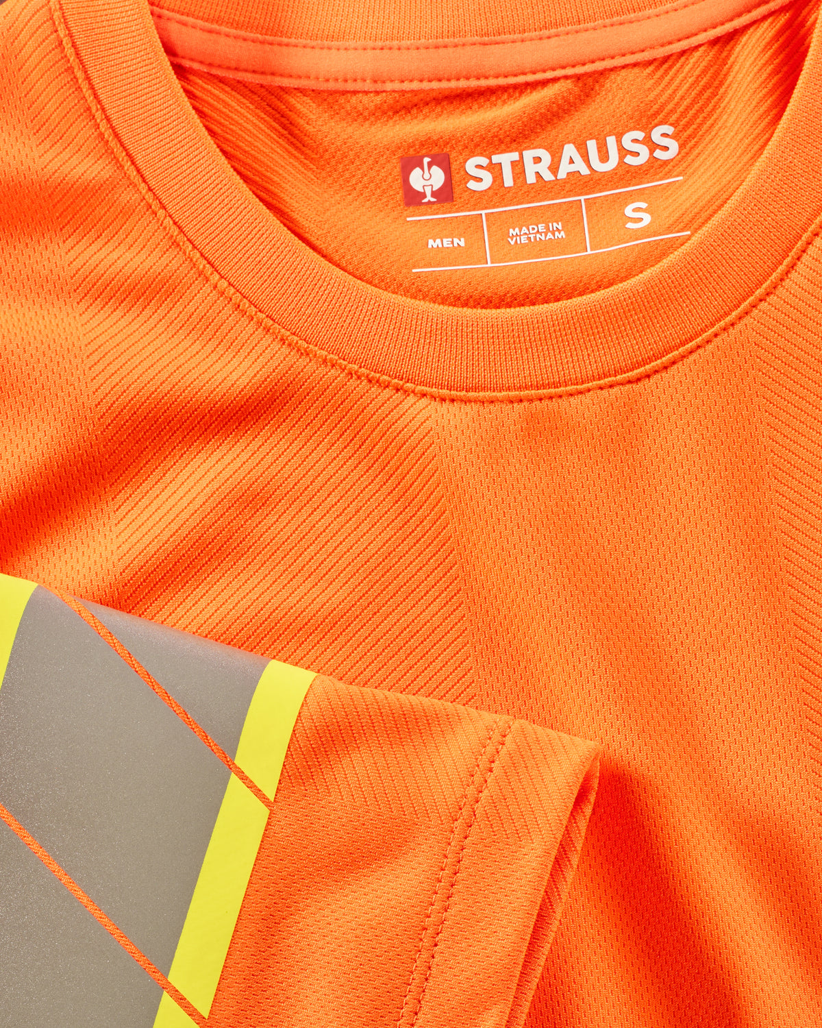 Reflective striping and fluorescent fabric on the STRAUSS Class 2 High Visibility T-Shirt in neon orange