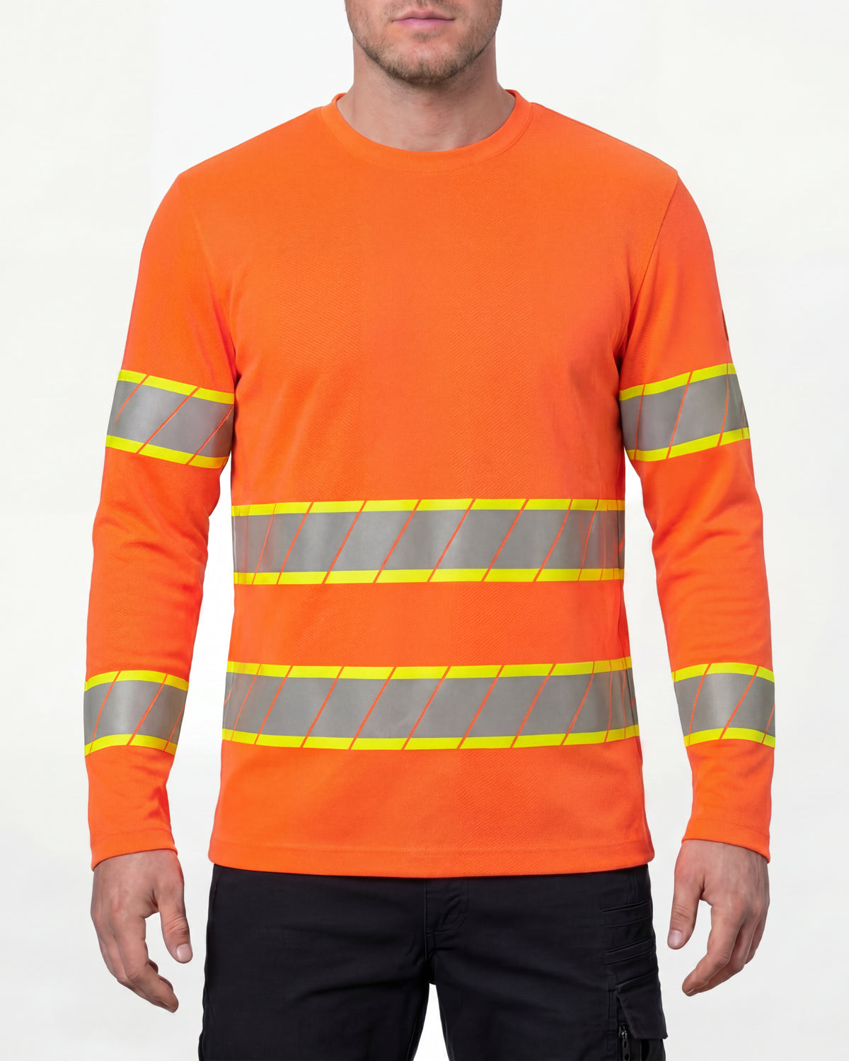 A model wears the STRAUSS Class 2 High Visibility Long Sleeve Shirt in neon orange with dark work pants and work boots in a studio product scene