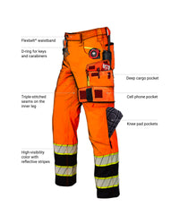 Feature view of High Visibility Work Pants in neon orange/black, showing high-visibility details