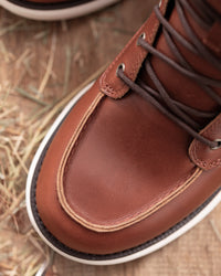 Close-up of the Red brown Boulder 6-inch Soft Toe Boot soft toe area